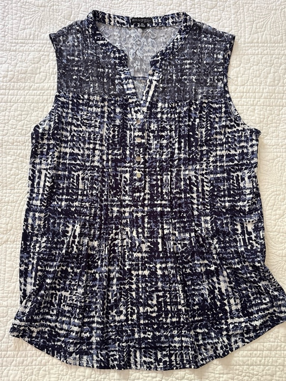 Ava & Grace Navy and White Sleeveless Patterned Henley Tank